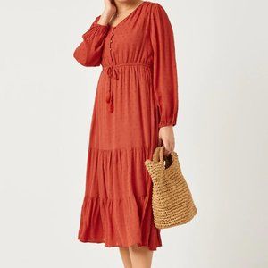Ladies Rust Red Swiss Dot Tiered Midi Dress - FINAL CLEARANCE